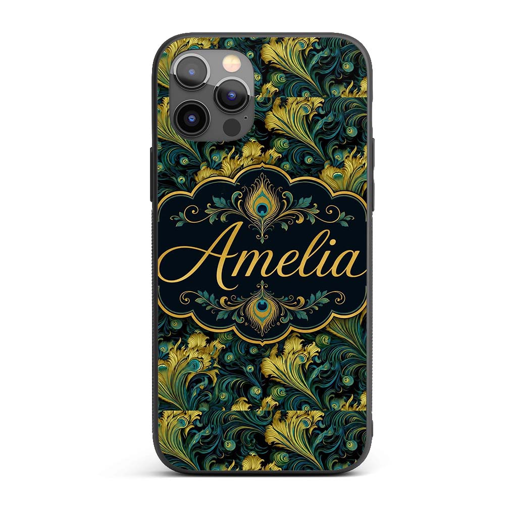 Luxury Gold and Teal Peacock Feather Ornamental Custom Name Protective Phone Case Mobile Cover Durable Everyday Smartphone Shock Resistant