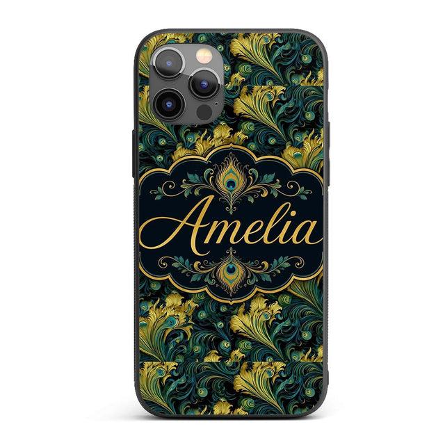 Luxury Gold and Teal Peacock Feather Ornamental Custom Name Protective Phone Case Mobile Cover Durable Everyday Smartphone Shock Resistant