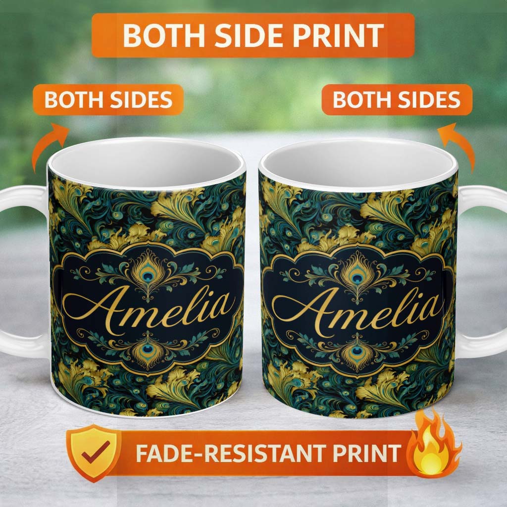 Personalized Custom Name Luxury Gold and Teal Peacock Feather Ornamental Seamless Pattern 11oz Ceramic Coffee Tea Mug White Large Handle