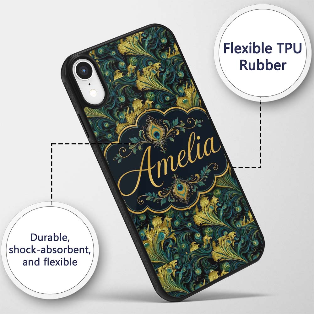 Luxury Gold and Teal Peacock Feather Ornamental Custom Name Protective Phone Case Mobile Cover Durable Everyday Smartphone Shock Resistant