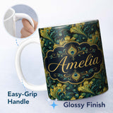 Personalized Custom Name Luxury Gold and Teal Peacock Feather Ornamental Seamless Pattern 11oz Ceramic Coffee Tea Mug White Large Handle