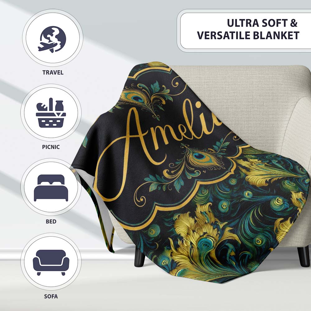 Luxury Gold and Teal Peacock Feather Ornamental Seamless Pattern  Personalised Custom Name Super Soft Fleece Blanket Bed Sofa Throw