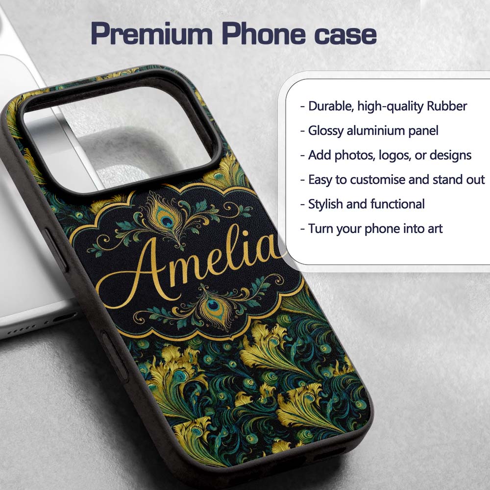 Luxury Gold and Teal Peacock Feather Ornamental Custom Name Protective Phone Case Mobile Cover Durable Everyday Smartphone Shock Resistant