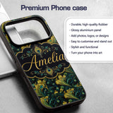 Luxury Gold and Teal Peacock Feather Ornamental Custom Name Protective Phone Case Mobile Cover Durable Everyday Smartphone Shock Resistant