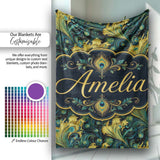 Luxury Gold and Teal Peacock Feather Ornamental Seamless Pattern  Personalised Custom Name Super Soft Fleece Blanket Bed Sofa Throw