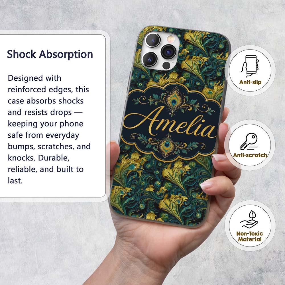Luxury Gold and Teal Peacock Feather Ornamental Custom Name Protective Phone Case Mobile Cover Durable Everyday Smartphone Shock Resistant