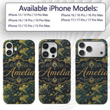Luxury Gold and Teal Peacock Feather Ornamental Custom Name Protective Phone Case Mobile Cover Durable Everyday Smartphone Shock Resistant