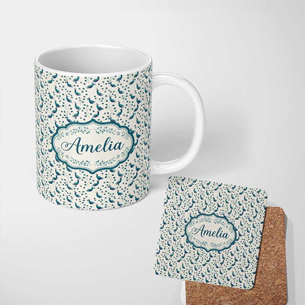 Personalized Custom Name Minimalist Peacock Birds with Decorative Elements Seamless Pattern 11oz Ceramic Coffee Tea Mug White Large Handle