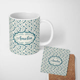 Personalized Custom Name Minimalist Peacock Birds with Decorative Elements Seamless Pattern 11oz Ceramic Coffee Tea Mug White Large Handle