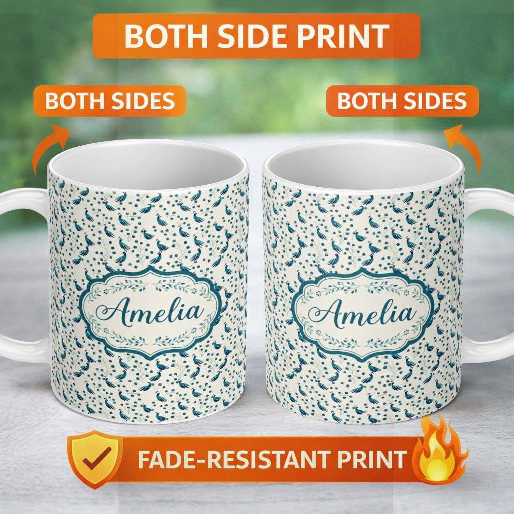 Personalized Custom Name Minimalist Peacock Birds with Decorative Elements Seamless Pattern 11oz Ceramic Coffee Tea Mug White Large Handle