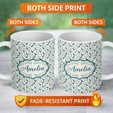 Personalized Custom Name Minimalist Peacock Birds with Decorative Elements Seamless Pattern 11oz Ceramic Coffee Tea Mug White Large Handle