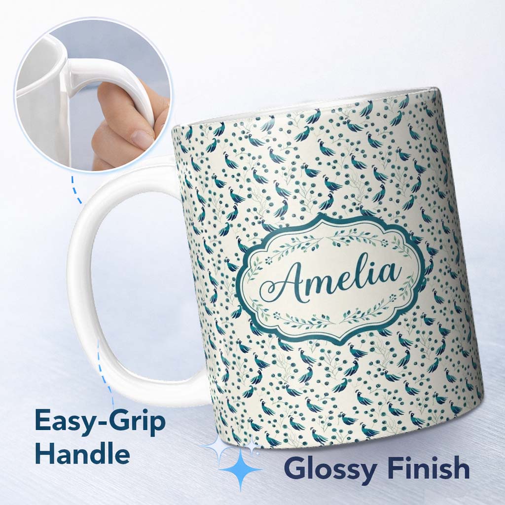 Personalized Custom Name Minimalist Peacock Birds with Decorative Elements Seamless Pattern 11oz Ceramic Coffee Tea Mug White Large Handle