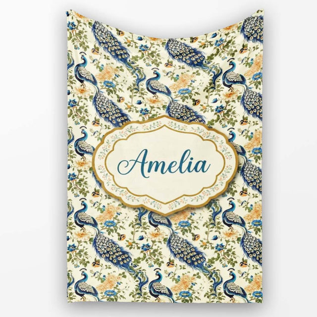 Classic Peacock Birds with Floral Motif Vintage Style Seamless  Personalised Custom Name Super Soft Fleece Blanket Bed Sofa Throw