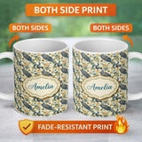 Personalized Custom Name Classic Peacock Birds with Floral Motif Vintage Style Seamless 11oz Ceramic Coffee Tea Mug White Large Handle