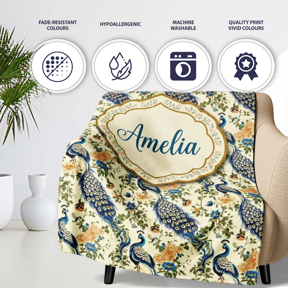 Classic Peacock Birds with Floral Motif Vintage Style Seamless  Personalised Custom Name Super Soft Fleece Blanket Bed Sofa Throw