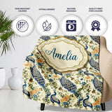 Classic Peacock Birds with Floral Motif Vintage Style Seamless  Personalised Custom Name Super Soft Fleece Blanket Bed Sofa Throw