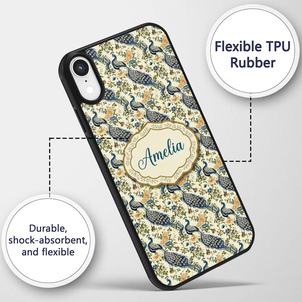 Classic Peacock Birds with Floral Motif Vintage Custom Name Protective Phone Case Mobile Cover Durable Everyday Smartphone Shock Resistant
