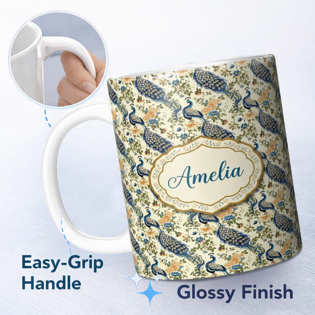 Personalized Custom Name Classic Peacock Birds with Floral Motif Vintage Style Seamless 11oz Ceramic Coffee Tea Mug White Large Handle