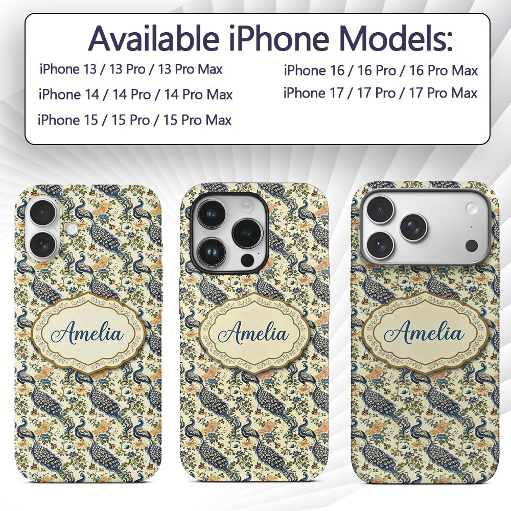 Classic Peacock Birds with Floral Motif Vintage Custom Name Protective Phone Case Mobile Cover Durable Everyday Smartphone Shock Resistant