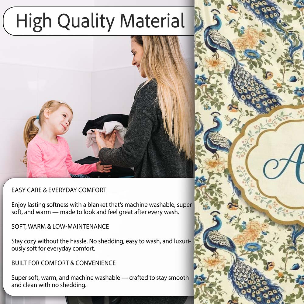 Classic Peacock Birds with Floral Motif Vintage Style Seamless  Personalised Custom Name Super Soft Fleece Blanket Bed Sofa Throw