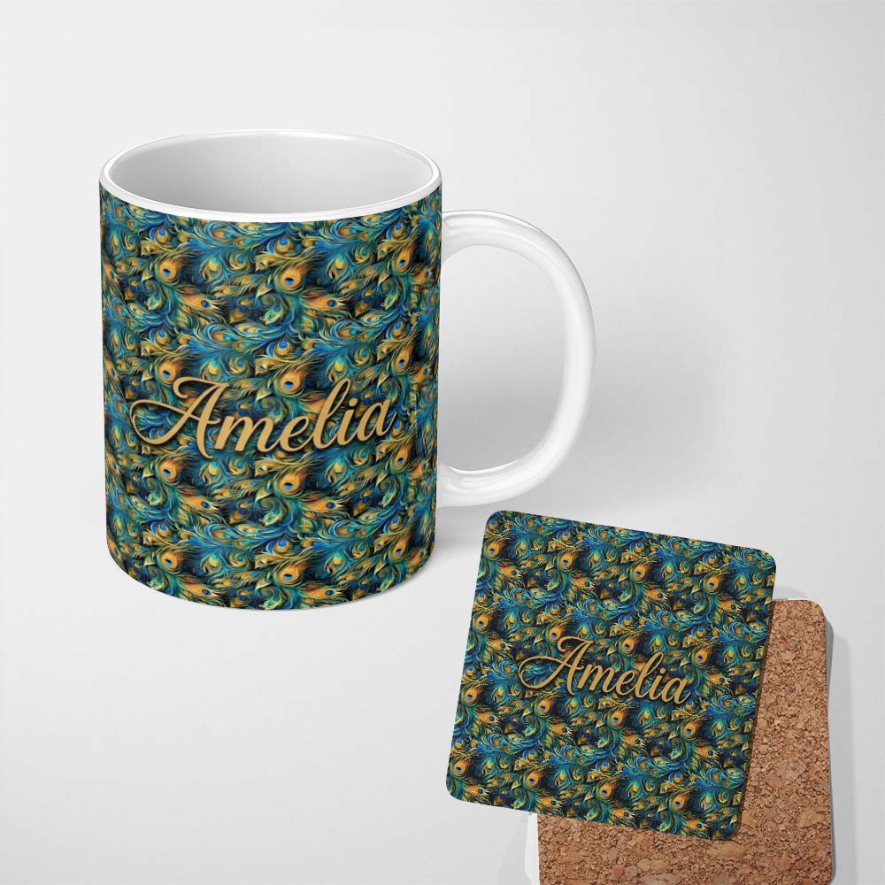 Personalized Custom Name Vibrant Artistic Peacock Feather Flow Pattern Seamless Name Cute 11oz Ceramic Coffee Tea Mug White Large Handle