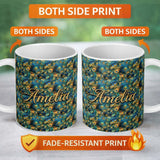 Personalized Custom Name Vibrant Artistic Peacock Feather Flow Pattern Seamless Name Cute 11oz Ceramic Coffee Tea Mug White Large Handle