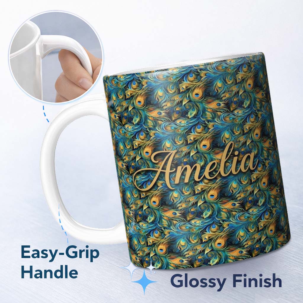 Personalized Custom Name Vibrant Artistic Peacock Feather Flow Pattern Seamless Name Cute 11oz Ceramic Coffee Tea Mug White Large Handle