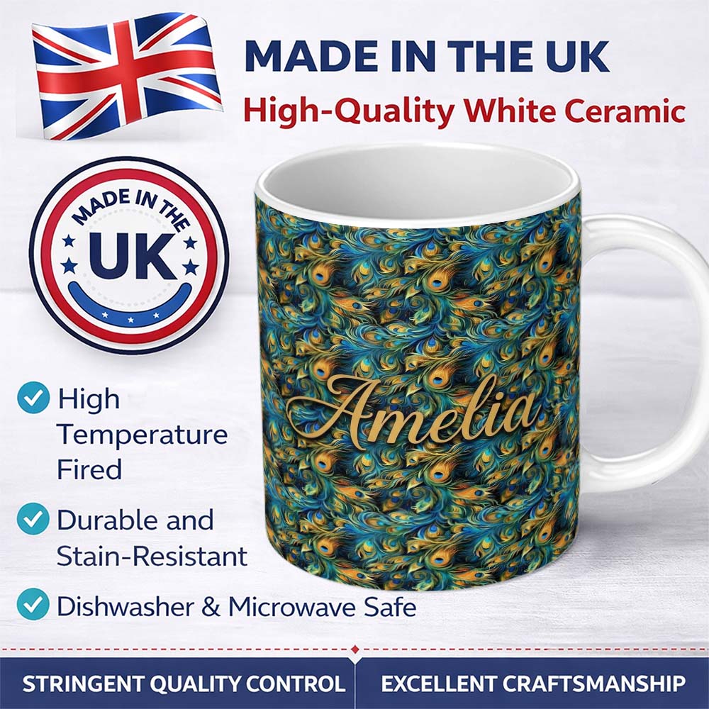 Personalized Custom Name Vibrant Artistic Peacock Feather Flow Pattern Seamless Name Cute 11oz Ceramic Coffee Tea Mug White Large Handle