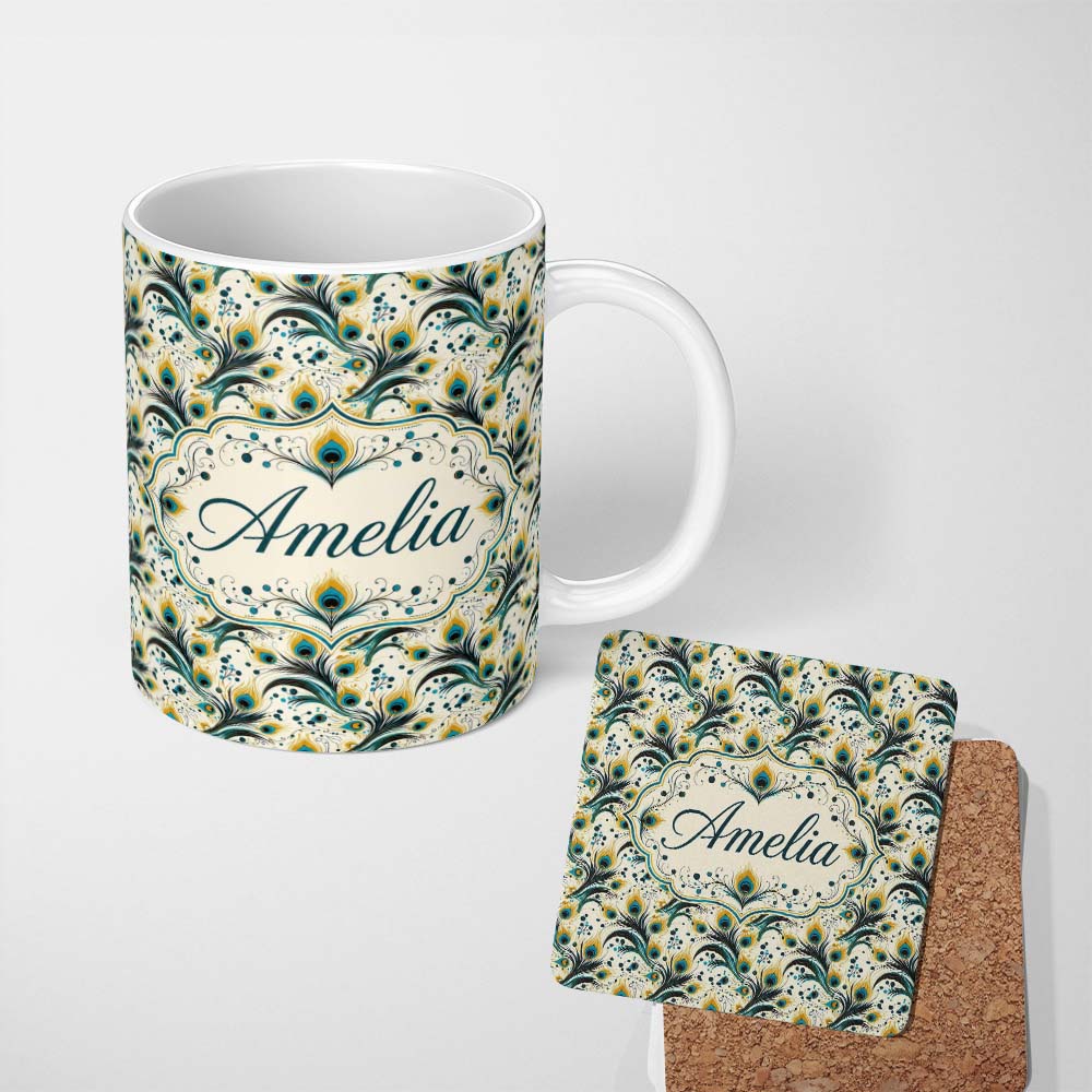 Personalized Custom Name Elegant Peacock Feather Swirl with Gold and Teal Accents Seamless 11oz Ceramic Coffee Tea Mug White Large Handle