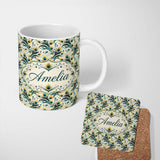 Personalized Custom Name Elegant Peacock Feather Swirl with Gold and Teal Accents Seamless 11oz Ceramic Coffee Tea Mug White Large Handle