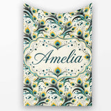 Elegant Peacock Feather Swirl with Gold and Teal Accents Seamless  Personalised Custom Name Super Soft Fleece Blanket Bed Sofa Throw