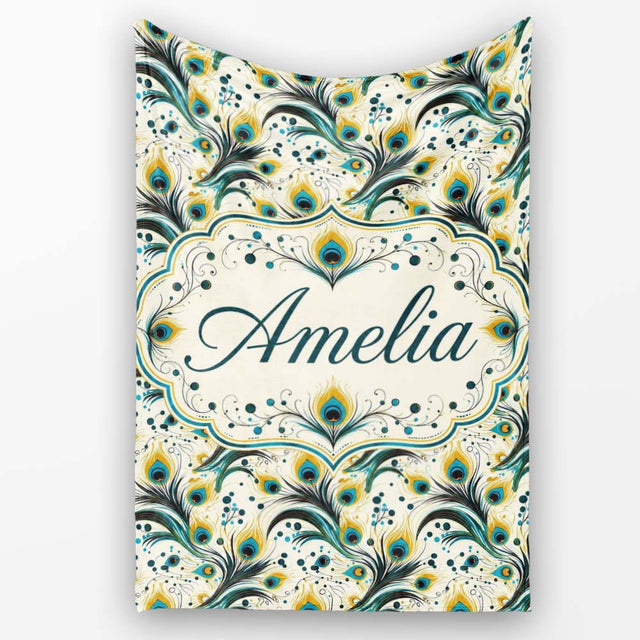 Elegant Peacock Feather Swirl with Gold and Teal Accents Seamless  Personalised Custom Name Super Soft Fleece Blanket Bed Sofa Throw