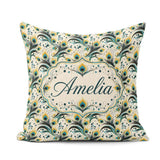 Custom Name Elegant Peacock Feather Swirl with Gold Teal Accents Square Filled Cushion Throw Pillow Sofa Bed Home Decor Zip Washable UK Made