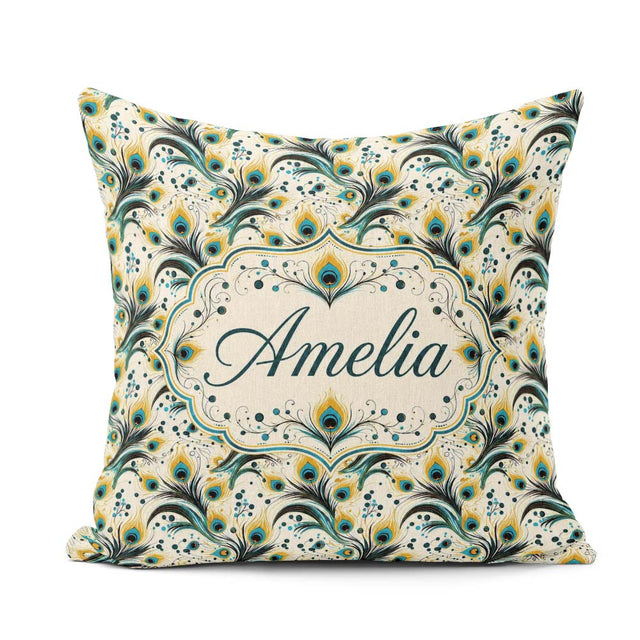 Custom Name Elegant Peacock Feather Swirl with Gold Teal Accents Square Filled Cushion Throw Pillow Sofa Bed Home Decor Zip Washable UK Made