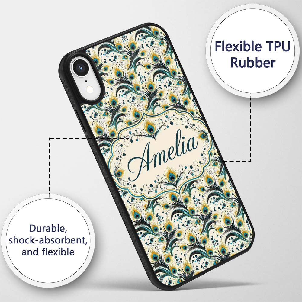 Elegant Peacock Feather Swirl with Gold and Teal Custom Name Protective Phone Case Mobile Cover Durable Everyday Smartphone Shock Resistant