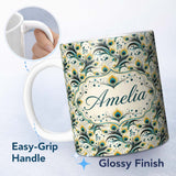 Personalized Custom Name Elegant Peacock Feather Swirl with Gold and Teal Accents Seamless 11oz Ceramic Coffee Tea Mug White Large Handle