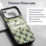 Elegant Peacock Feather Swirl with Gold and Teal Custom Name Protective Phone Case Mobile Cover Durable Everyday Smartphone Shock Resistant
