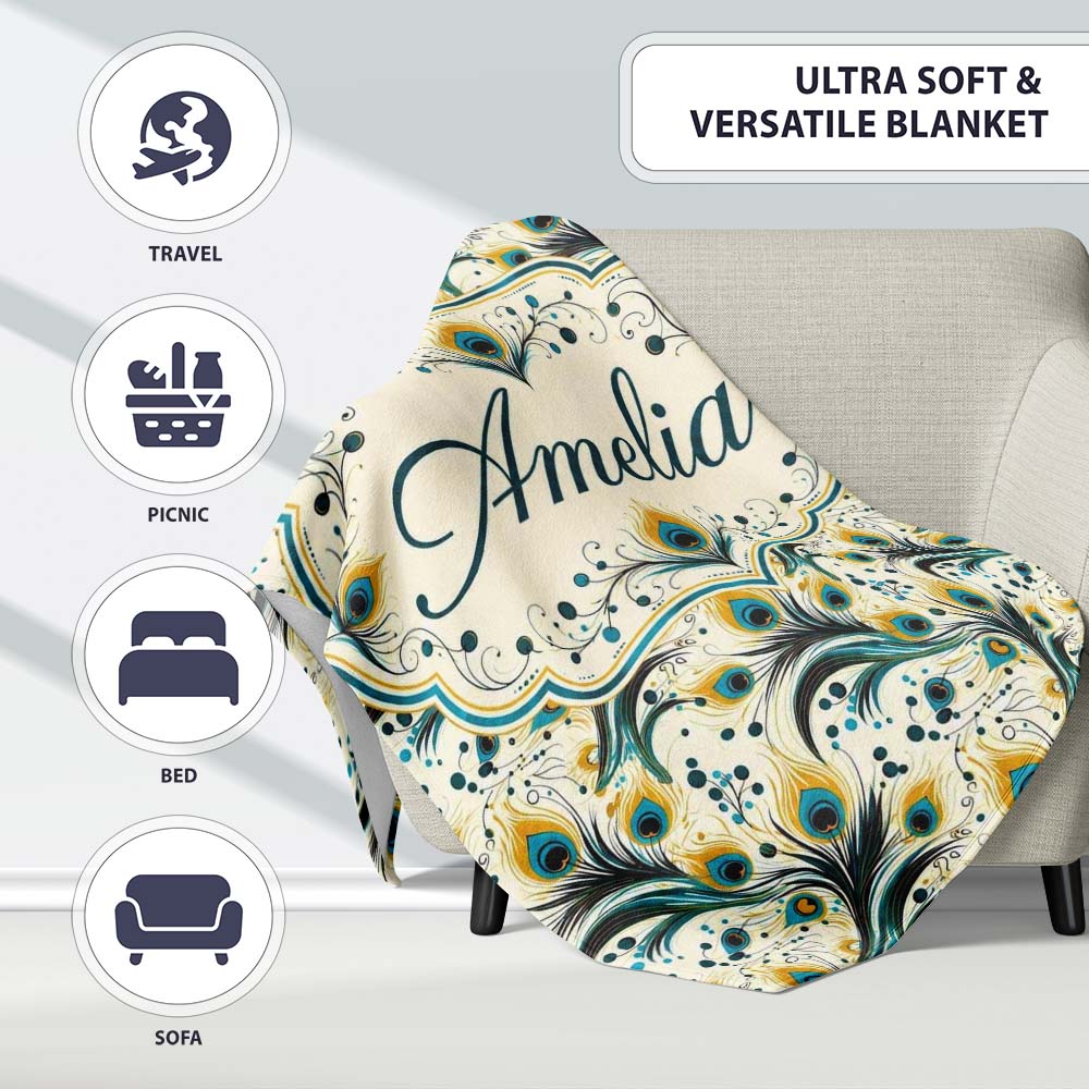 Elegant Peacock Feather Swirl with Gold and Teal Accents Seamless  Personalised Custom Name Super Soft Fleece Blanket Bed Sofa Throw