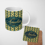 Personalized Custom Name Art Deco Peacock Feather Motif in Teal and Gold Repeating Seamless 11oz Ceramic Coffee Tea Mug White Large Handle