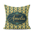 Custom Name Art Deco Peacock Feather Motif in Teal and Repeating Square Filled Cushion Throw Pillow Sofa Bed Home Decor Zip Washable UK Made