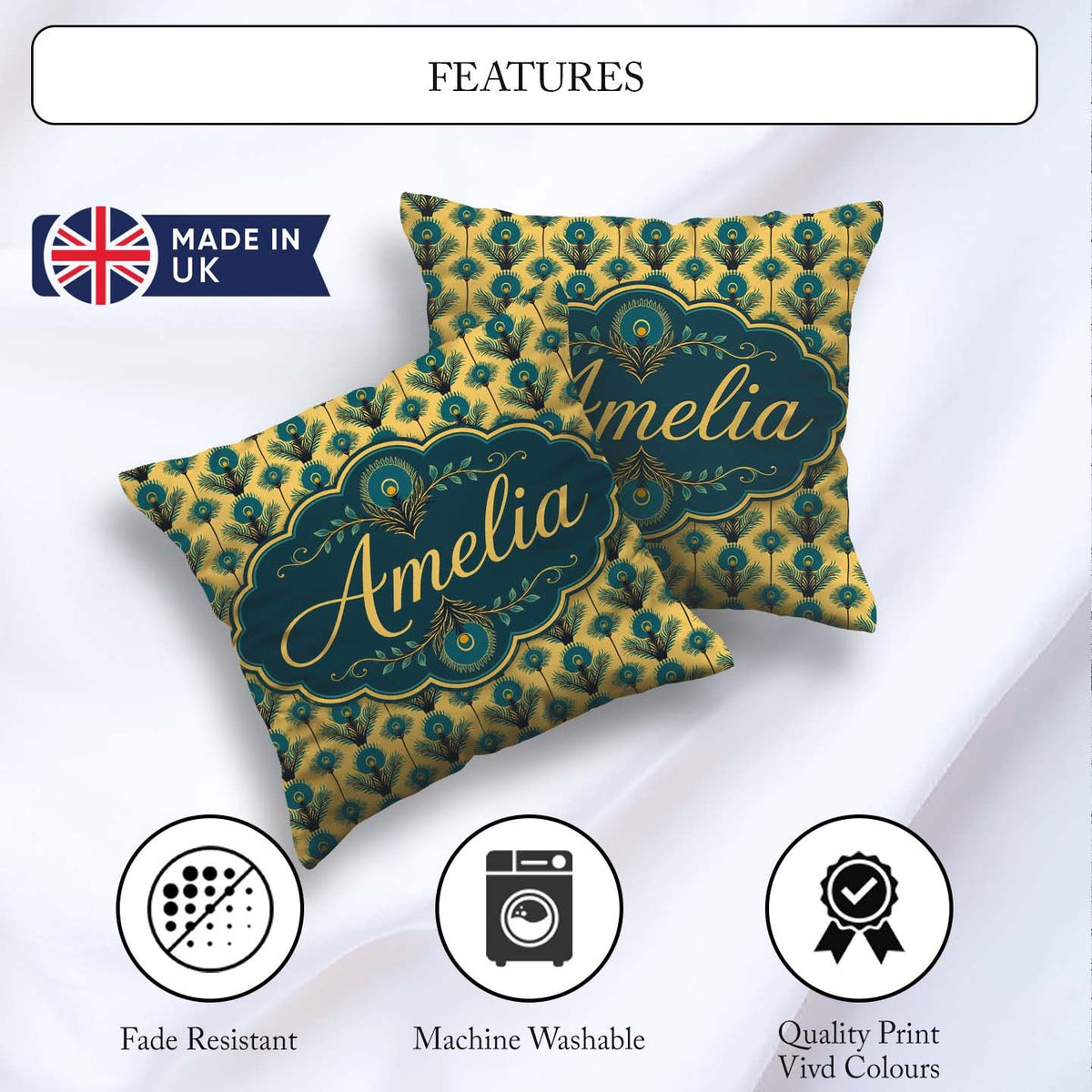 Custom Name Art Deco Peacock Feather Motif in Teal and Repeating Square Filled Cushion Throw Pillow Sofa Bed Home Decor Zip Washable UK Made