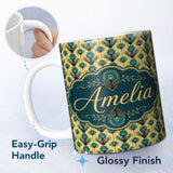Personalized Custom Name Art Deco Peacock Feather Motif in Teal and Gold Repeating Seamless 11oz Ceramic Coffee Tea Mug White Large Handle