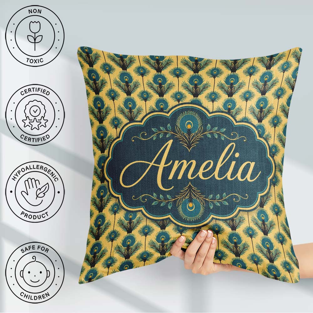 Custom Name Art Deco Peacock Feather Motif in Teal and Repeating Square Filled Cushion Throw Pillow Sofa Bed Home Decor Zip Washable UK Made