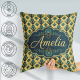Custom Name Art Deco Peacock Feather Motif in Teal and Repeating Square Filled Cushion Throw Pillow Sofa Bed Home Decor Zip Washable UK Made