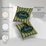 Custom Name Art Deco Peacock Feather Motif in Teal and Repeating Square Filled Cushion Throw Pillow Sofa Bed Home Decor Zip Washable UK Made