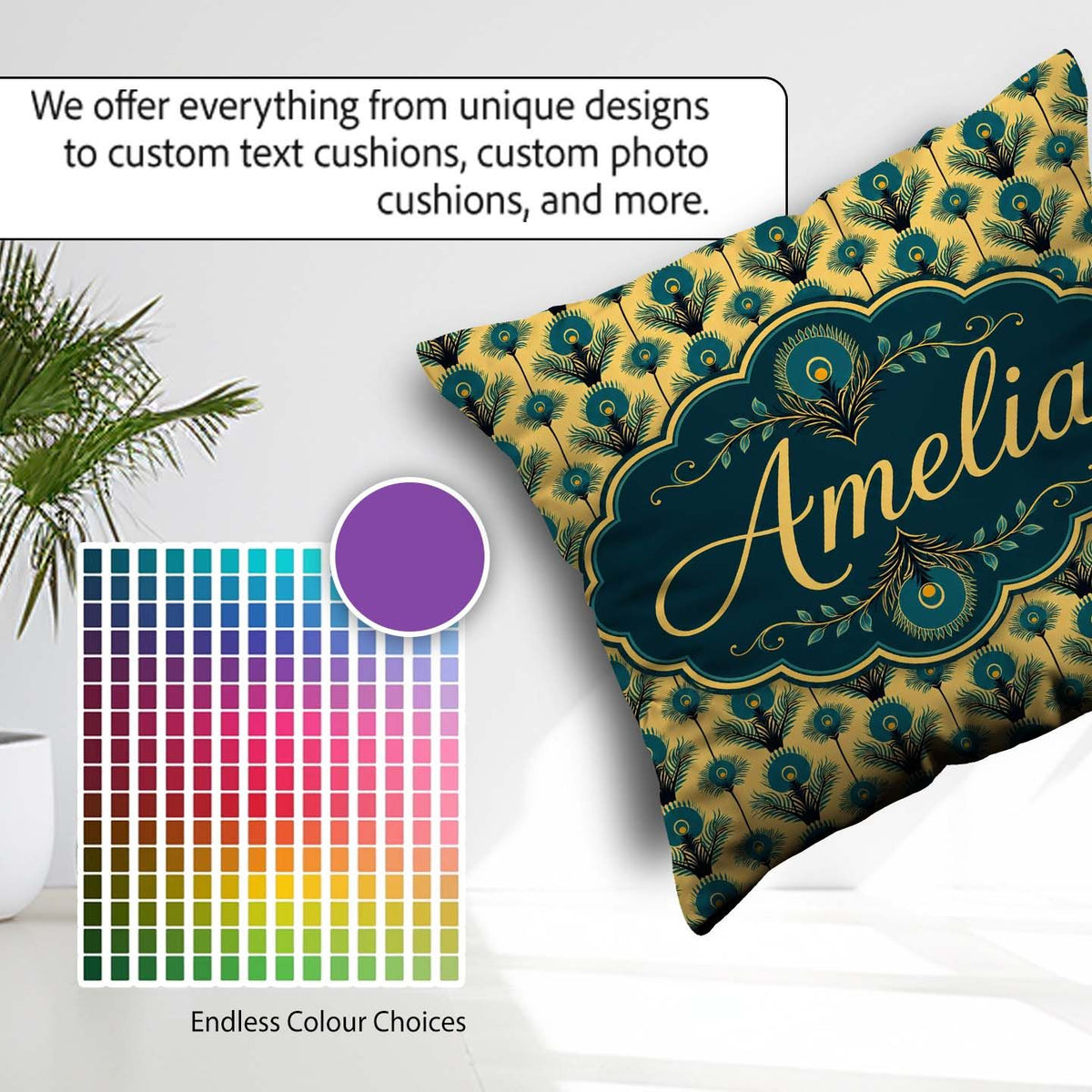 Custom Name Art Deco Peacock Feather Motif in Teal and Repeating Square Filled Cushion Throw Pillow Sofa Bed Home Decor Zip Washable UK Made