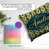 Custom Name Art Deco Peacock Feather Motif in Teal and Repeating Square Filled Cushion Throw Pillow Sofa Bed Home Decor Zip Washable UK Made