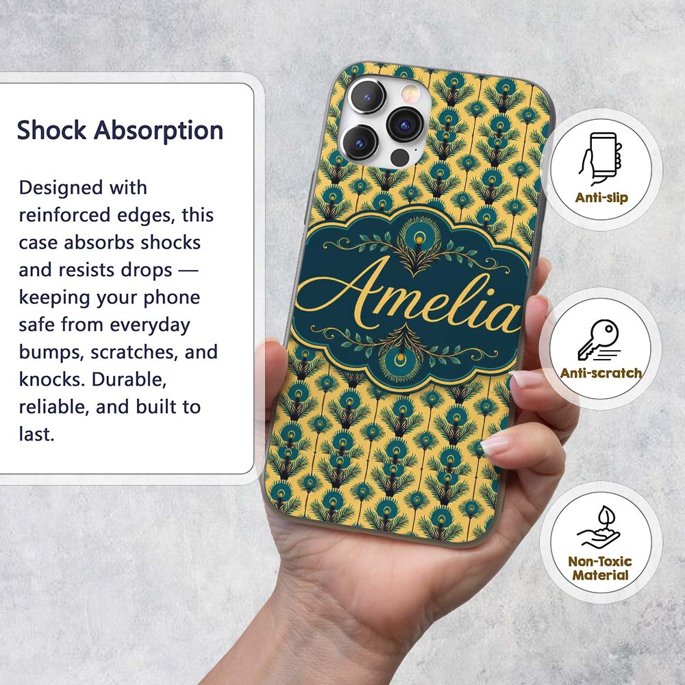 Art Deco Peacock Feather Motif in Teal and Gold Custom Name Protective Phone Case Mobile Cover Durable Everyday Smartphone Shock Resistant