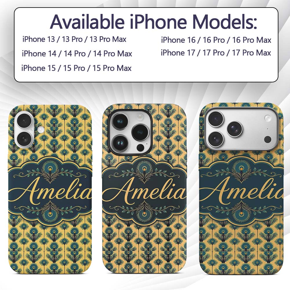 Art Deco Peacock Feather Motif in Teal and Gold Custom Name Protective Phone Case Mobile Cover Durable Everyday Smartphone Shock Resistant
