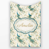 Graceful Peacock Birds with Flowing Feather Trails Seamless Pattern  Personalised Custom Name Super Soft Fleece Blanket Bed Sofa Throw